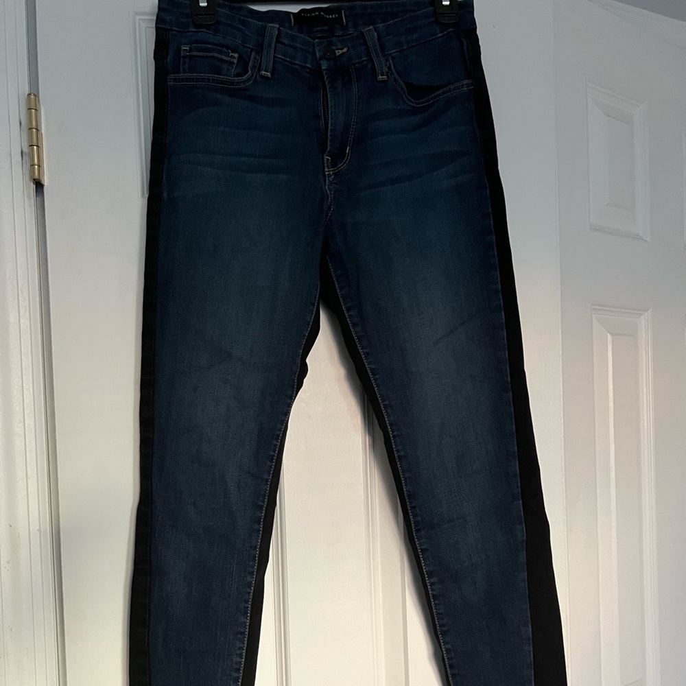 Flying Monkey skinny jeans with front-blue denim and the back-black denim